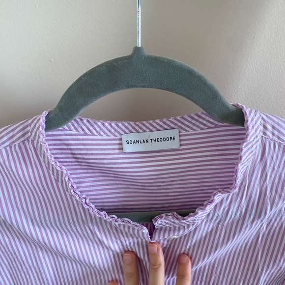 Scanlan Theodore | Striped Lilac Collarless Long Sleeve Cuffed Shirt - Picture 2 of 7